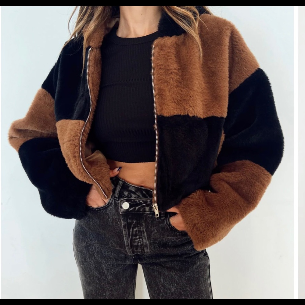 COLORBLOCK FAUX FUR JACKET